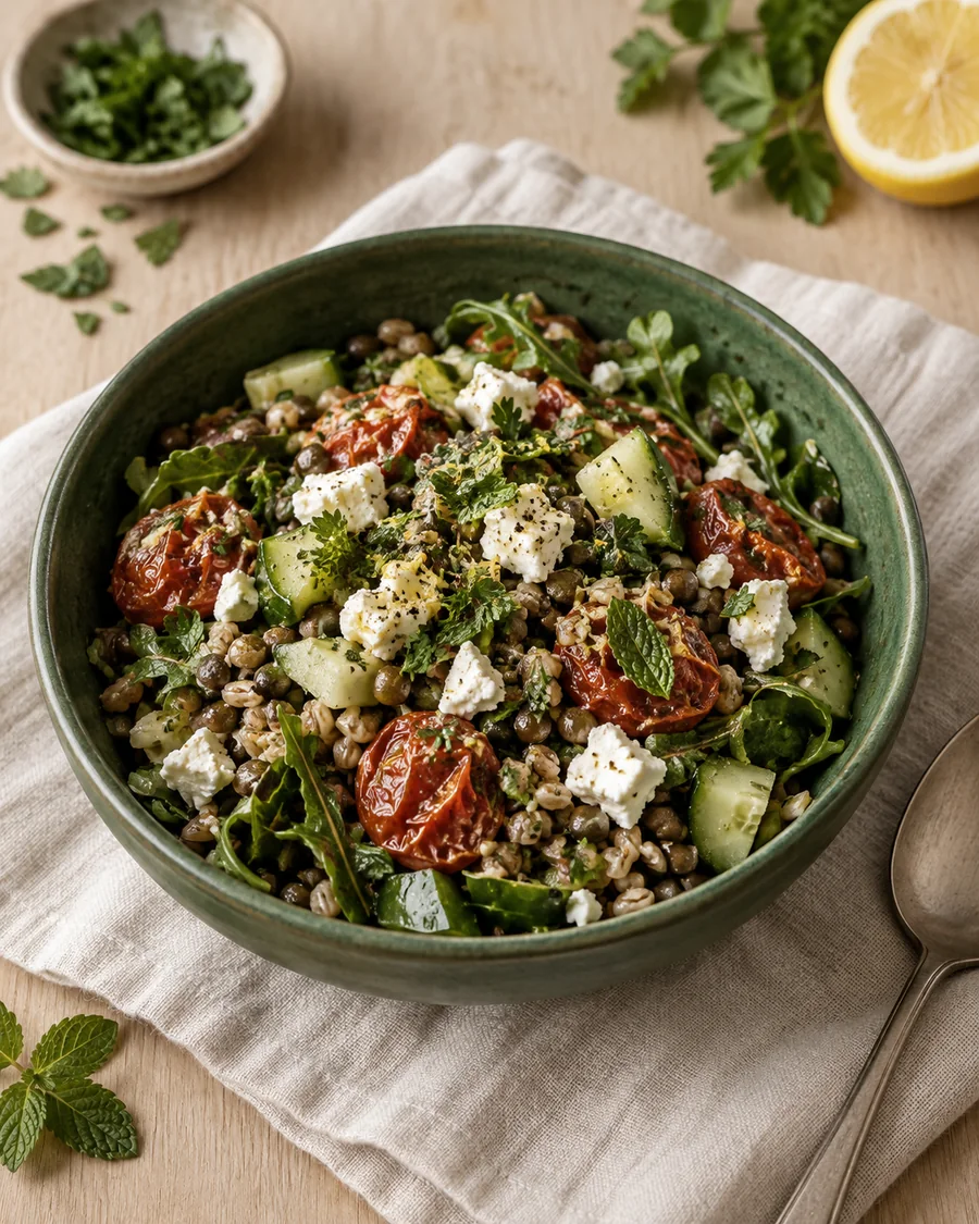 Mediterranean lentil and farro bowl with cucumber, roasted tomatoes, greens, feta, and herbs