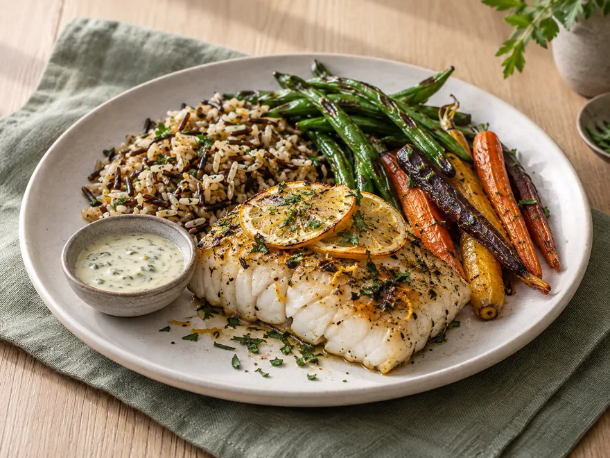 Citrus-roasted white fish plate with wild rice, green beans, and rainbow carrots